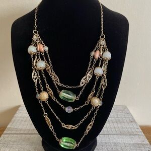 Multi Strand Glass Beaded Necklace Spring Green Gold Tone Jewelry